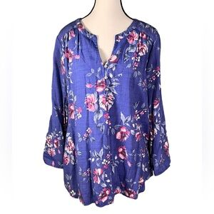 Kim Rogers Floral PETITE Blouse Blue Pink 3/4 Sleeve High/Low V-Neckline Size PL